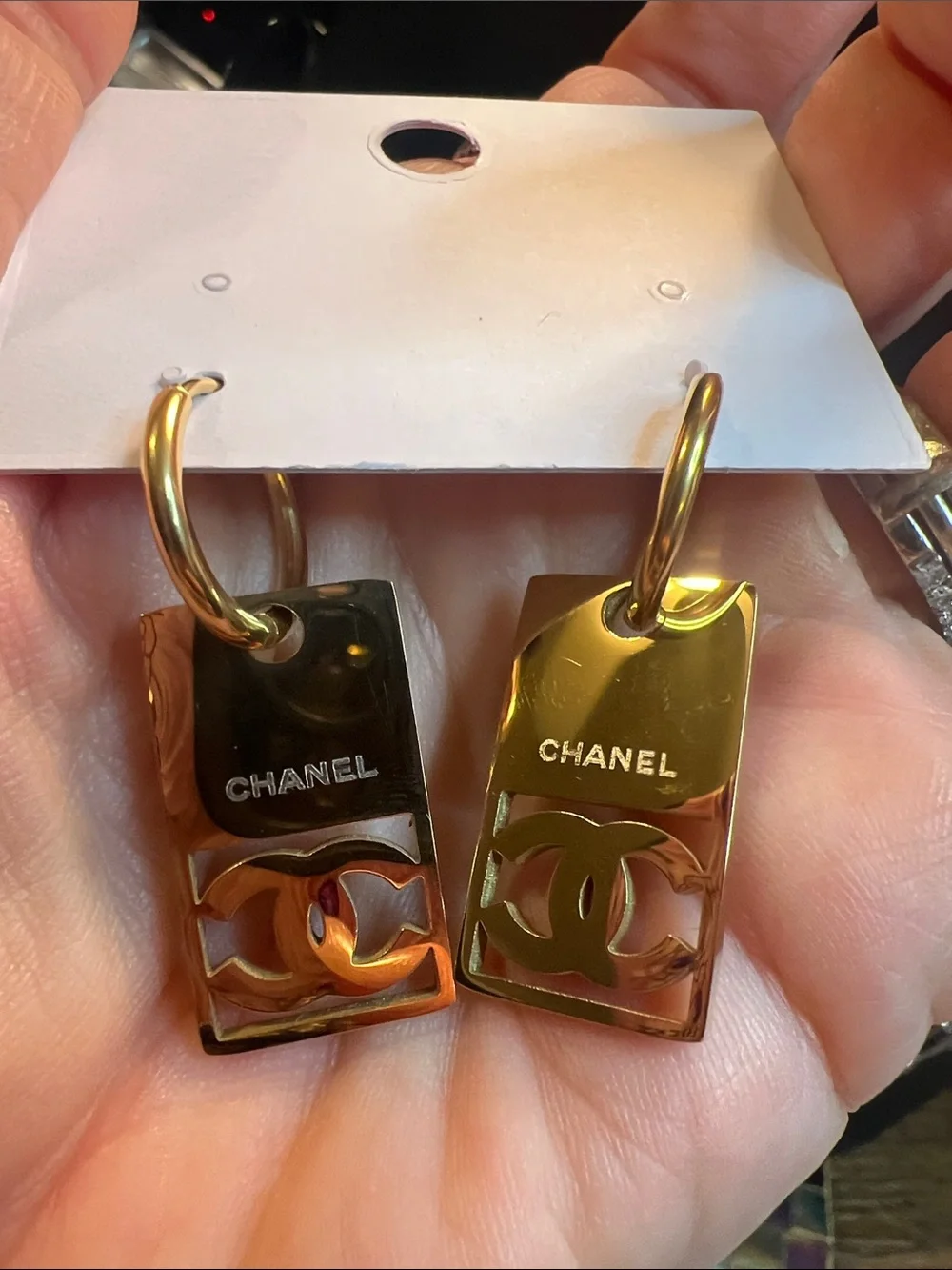 Gold-Tone Pink Logo Rectangular Drop Earrings